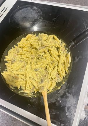 A picture of Creamy and Cheesy Mushroom Pesto Pasta.