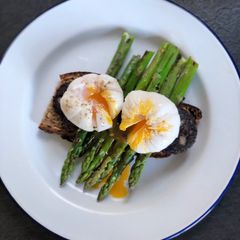 Farmers market poached duck egg, black pudding, asparagus and sourdough A picture of Farmers market poached duck egg, black pudding, asparagus and sourdough.