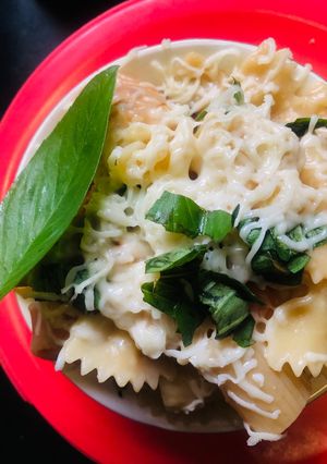 A picture of White sauce pasta with multiple pasta.