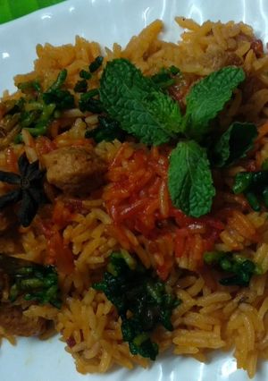 A picture of Soyachunks colourful biryani.