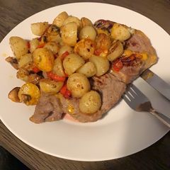 A picture of Stilton Steak with Sautéed Potatoes.