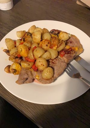A picture of Stilton Steak with Sautéed Potatoes.