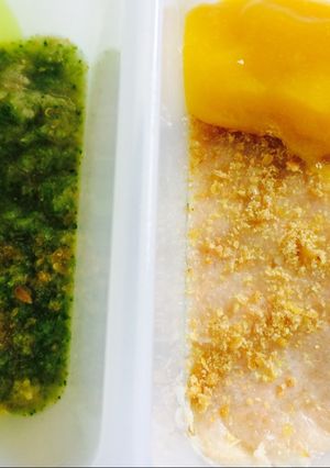 Foto resep Bubur Quinoa Cheese Salmon Mango Sauce+Ayam Brokoli buncis Tabur