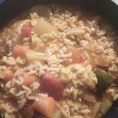 A picture of Roasted Vegetables, Alphabet, and Sausage Soup.