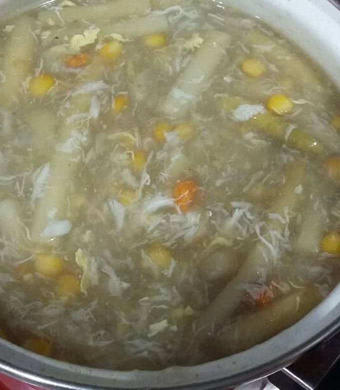 Foto resep Sup Telur Kepiting Asparagus + Jagung Manis