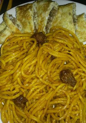 صورة لوصفة سباغيتي بالكفتة ورولي البيض