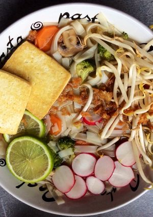 A picture of Vegan Pho (Vietnamese noodle soup).