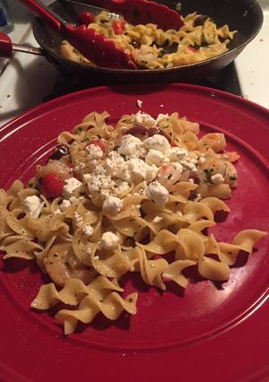 A picture of Greek Pasta with Shrimp.