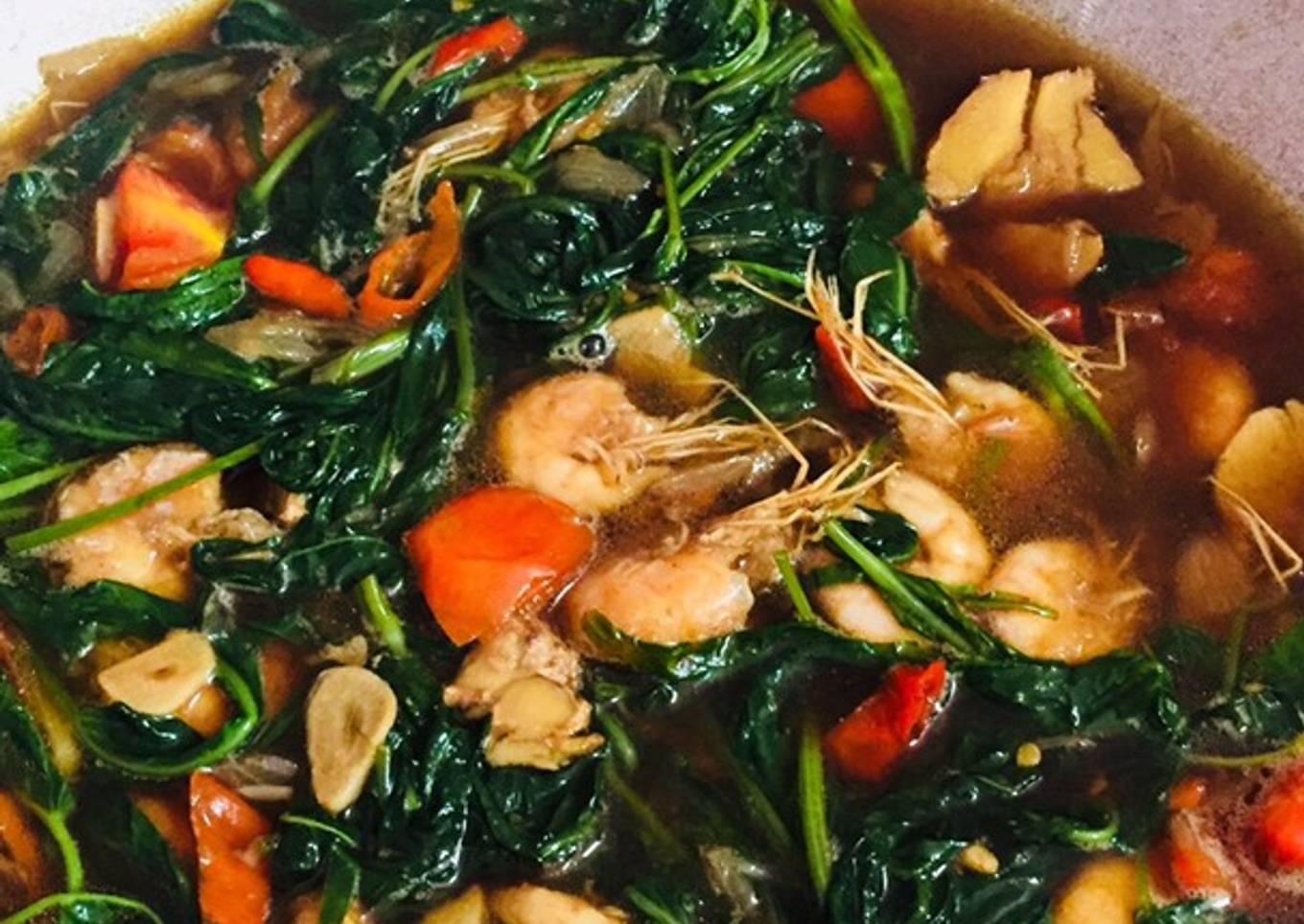 Saus tiram karo udang lan bayem