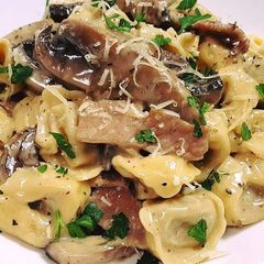 A picture of Veal tortellini with creamy mushroom, bacon sauce.