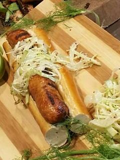 A picture of Chicken an Gorgonzola Sausage w/ a Fennel Apple Mustard Slaw.