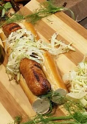 A picture of Chicken an Gorgonzola Sausage w/ a Fennel Apple Mustard Slaw.