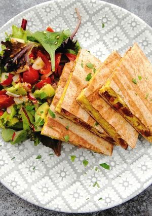 A picture of Scrambled egg and chorizo quesadillas.
