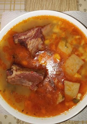 Rántott bableves füstölt hússal, házi csipetkével recept fotója