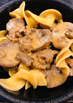 A picture of Creamy Mushroom 🍄 Egg Noodle Dish.