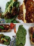 Panner steak served with roasted broccoli and pea puree
