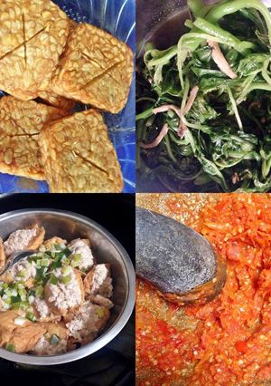 Foto resep Menu Makan Siang Mudah (Tempe Goreng + Tumis Bayam Teri + Tahu sumpel Ayam + Sambal Bawang Extra Pedas