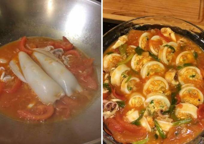 Cumi sotong isi orak arik telur masak kuah tomat