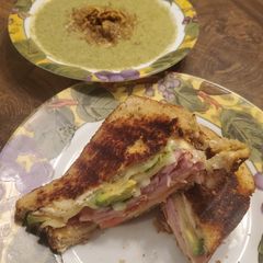 A picture of Brad's panini w/ cream of broccoli & turnip green soup.