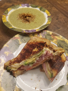 A picture of Brad's panini w/ cream of broccoli & turnip green soup.
