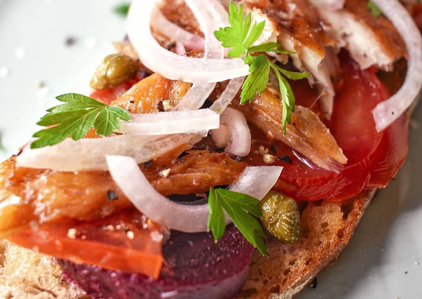 Recipe of Ultimate Cured Mackerel On Sourdough With Tomatoes,
Beetroot & Onion