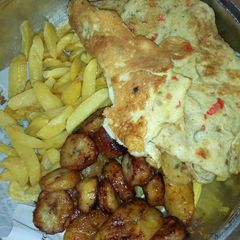 Fried irish potatoes,plantain and eggs A picture of Fried irish potatoes,plantain and eggs.