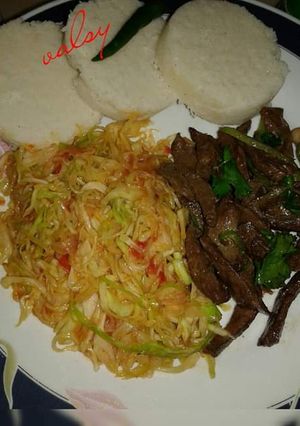 A picture of #tbt1 fried liver & sauteed cabbage.