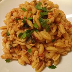 Gnocchetti sardi with black olive and sword fish ragu A picture of Gnocchetti sardi with black olive and sword fish ragu.