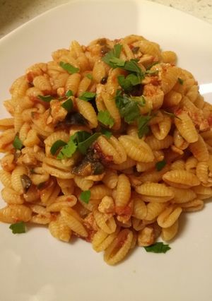 A picture of Gnocchetti sardi with black olive and sword fish ragu.