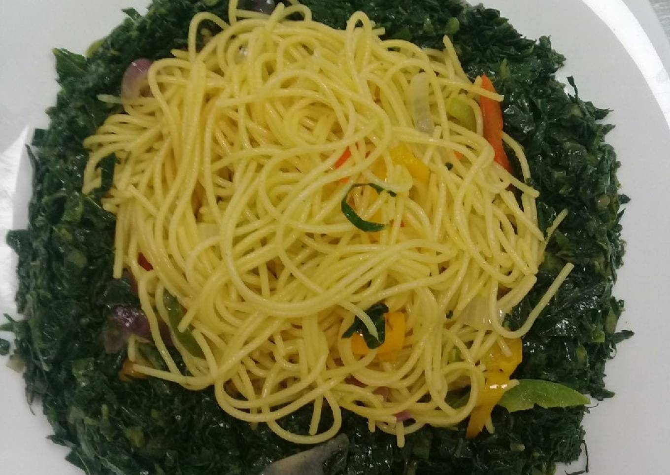 Buttered spaghetti n fried kales a.k.a sukumawiki
