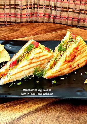 A picture of Pavbhaji Stuffed Grilled Dhokla Sandwich No Bread Sandwich (Never Ever Yet Published Unique Recipe).