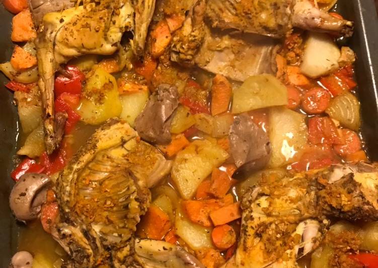 Conejo al Brandy con verduras al horno