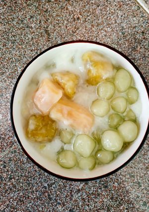 Hình của món Chè khoai dẻo cốt dừa mix trân châu lá dứa.