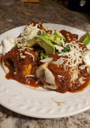 A picture of Brad's reverse chili Colorado burritos.
