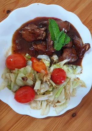 รูปของ ตับไก่+ผักผัดน้ำมัน ซอสสูตรพิเศษ
