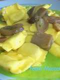 Ravioli Stuffed with Ground Meat, with Sautéed Cremini Mushrooms on Pea Purée