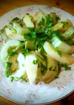 A picture of Green Salad with Cucumber and Avocado, Green Apples 😋😋😋.