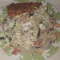 Veggie spaghetti and peppered fish A picture of Veggie spaghetti and peppered fish.