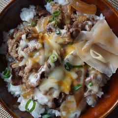 A picture of Sukiya Style 3-Cheese Gyudon: Japanese Beef Bowl Recipe.