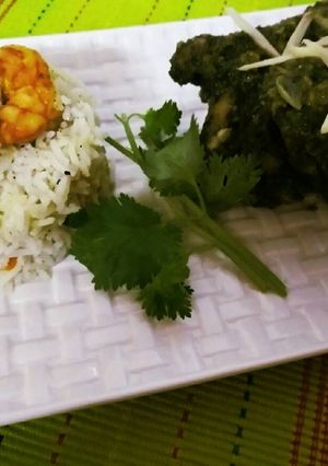 A picture of Prawn fried rice with coriander chicken.