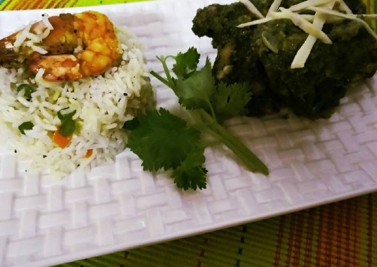 Prawn fried rice with coriander chicken