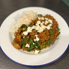 Persian beef and lentils topped with feta A picture of Persian beef and lentils topped with feta.