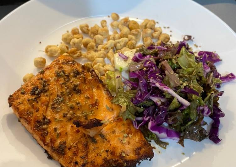 Grilled Salmon with Salad Sayur and Kacang Sukro Kribo