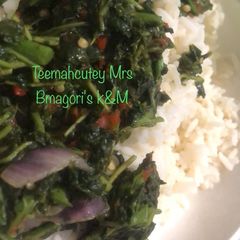 A picture of Fried spinach with white rice.