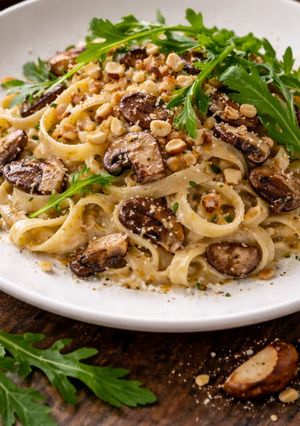 Foto de Fettuccine ao Creme de Alho Assado com Cogumelos e Castanha-do-Pará