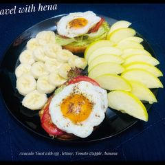 A picture of Avocado Toast with egg, lettuce, tomato&apple banana.