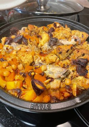 A picture of Moroccan Chicken, Apricot and Almond tagine.