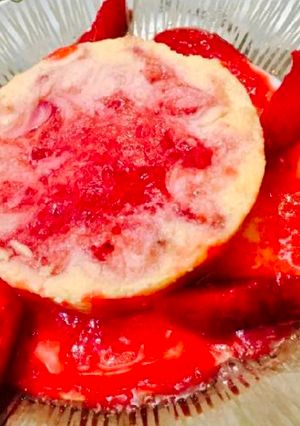 A picture of Baked yogurt with plum sauce.