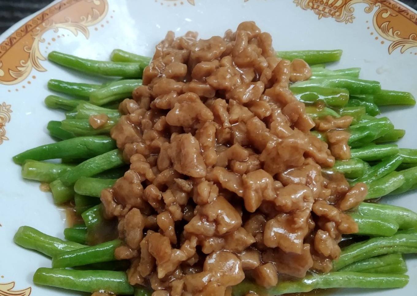 Buncis tumis daging (vegan)