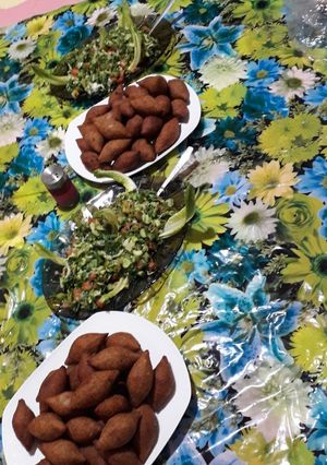 A picture of Fried Kibbeh and Green Salad.
